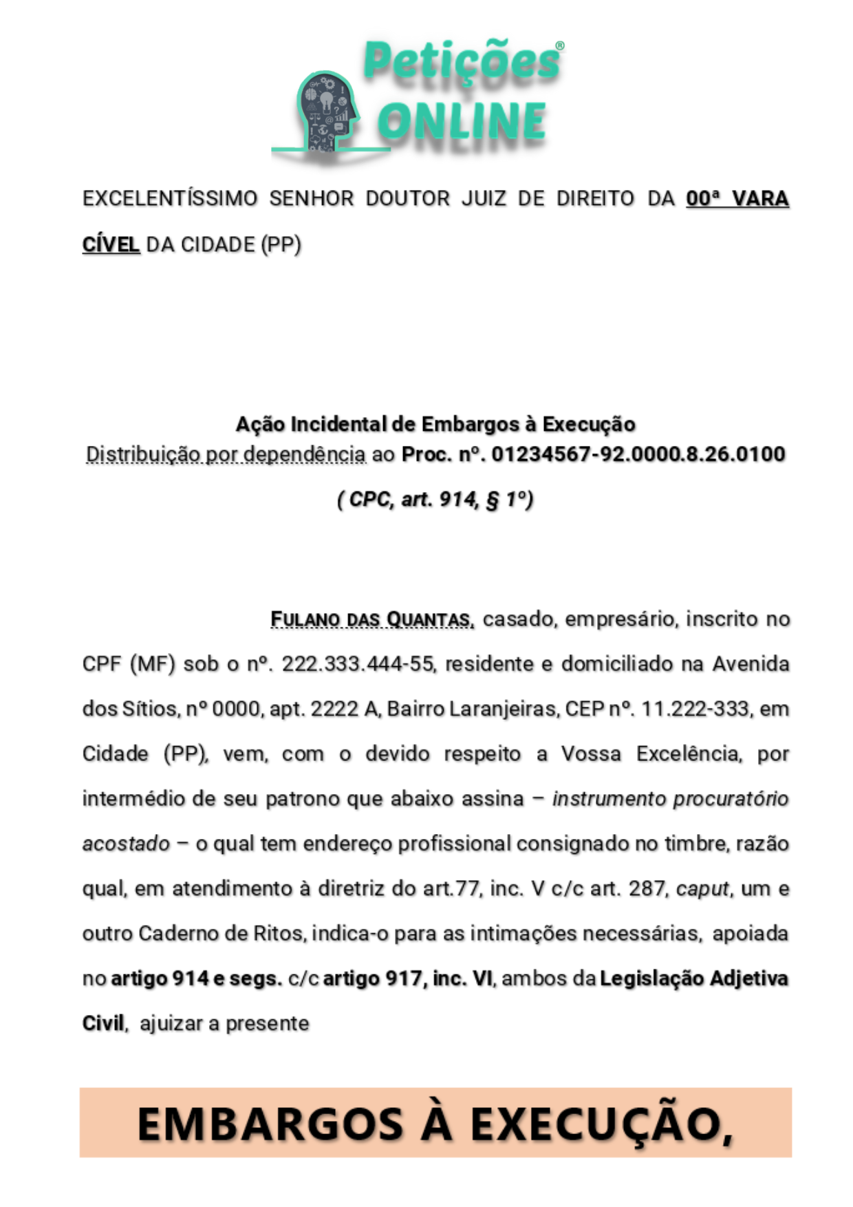 Modelo de Embargos à Execução Com Proposta De Acordo