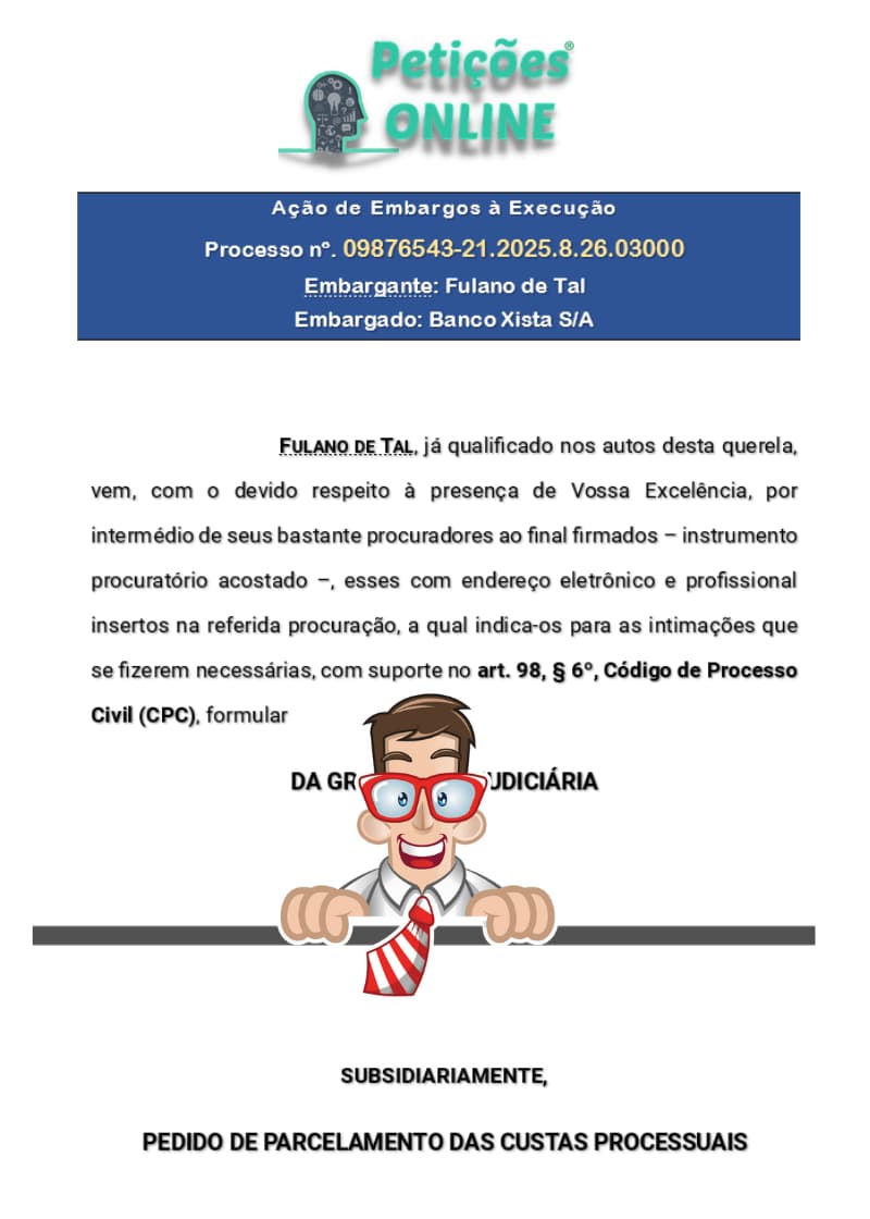 Modelo pedido de parcelamento de custas iniciais Novo CPC