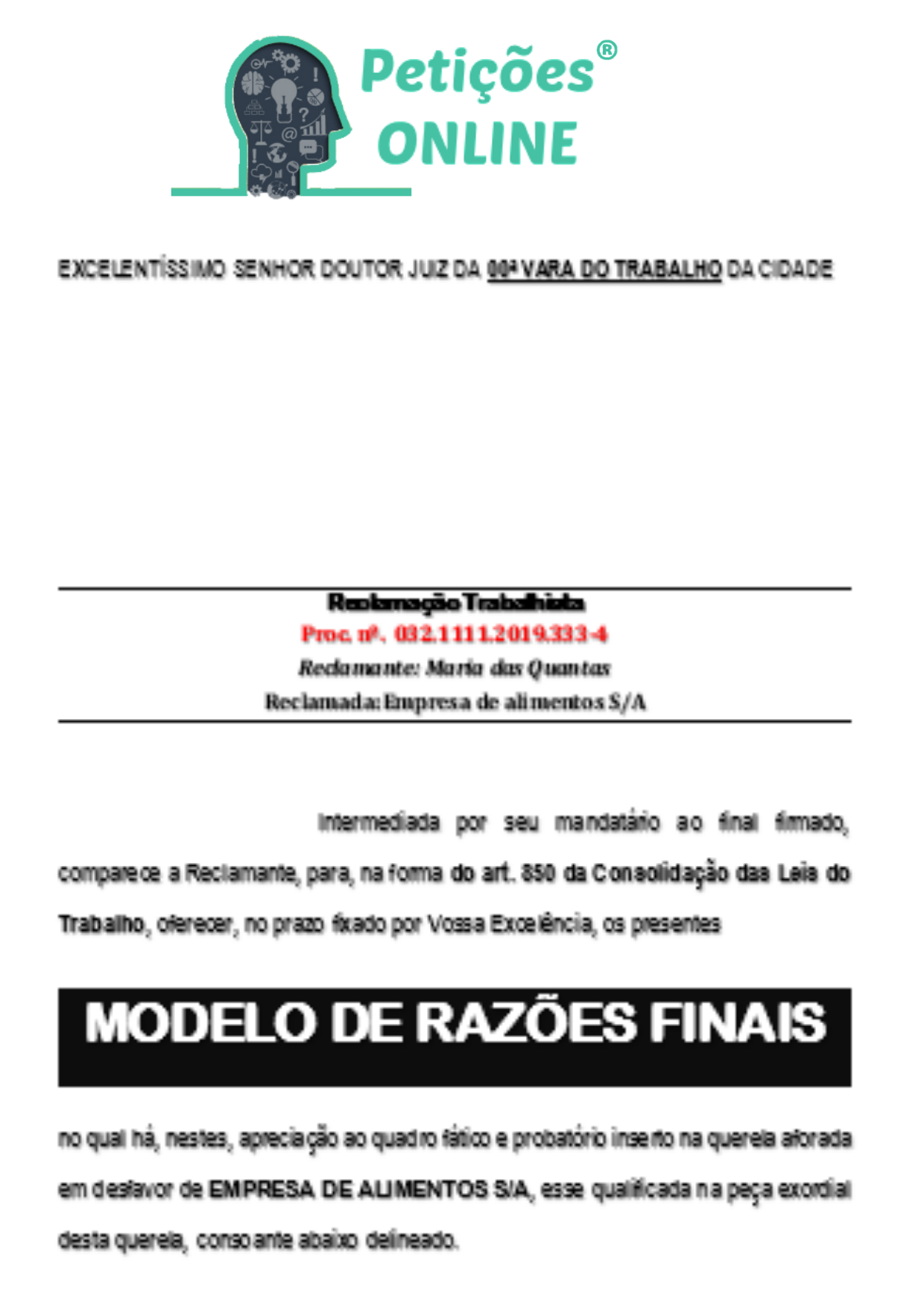 Modelo- de Razões Finais Trabalhista Reclamante, Novo CPC